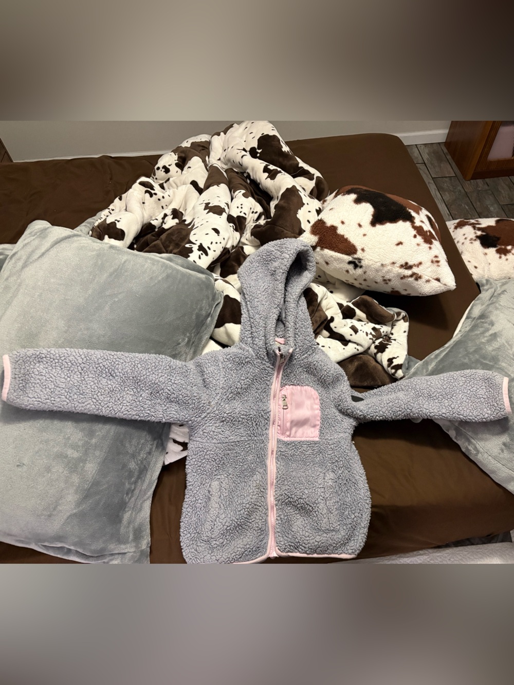 Madden Girl Plush Hooded Jacket in Light Lavender with Pink Trim